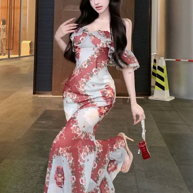 Designs) Shoulder Bodycon Flower Off Print (Various Dress