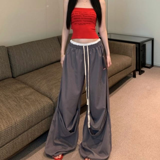 Camisole Leg Print Top Contrast Waist Lettering Pants / Wide Crop Trim Drawstring