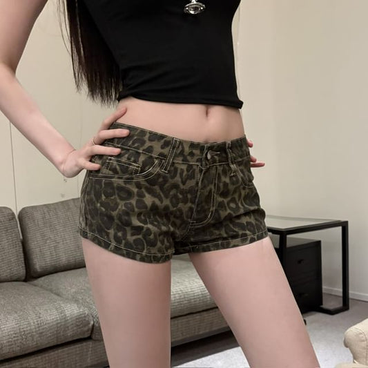 Print Leopard Rise Denim Hot Pants Low