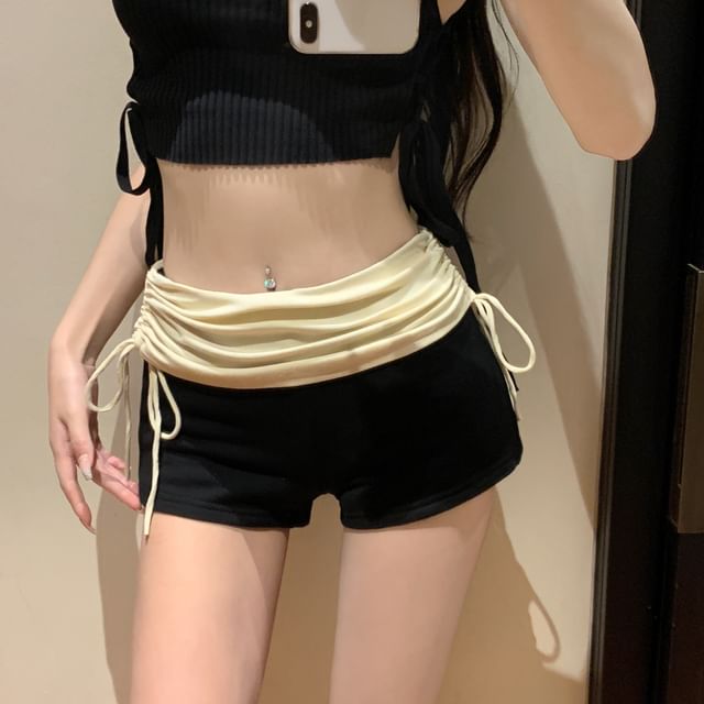 Drawstring Ruched Hot Two Tone Waist Pants High