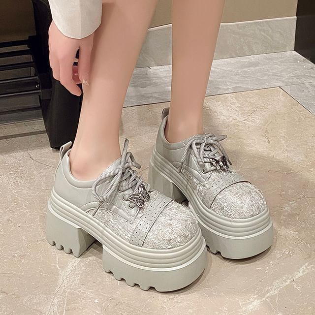 Lace-Up Leather Brogue Faux Shoes Platform Panel Tweed