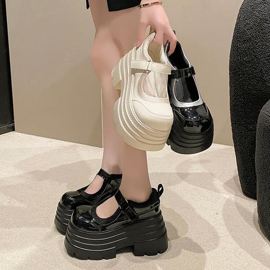Faux Adhesive Strap Platform Mary Jane Leather Shoes