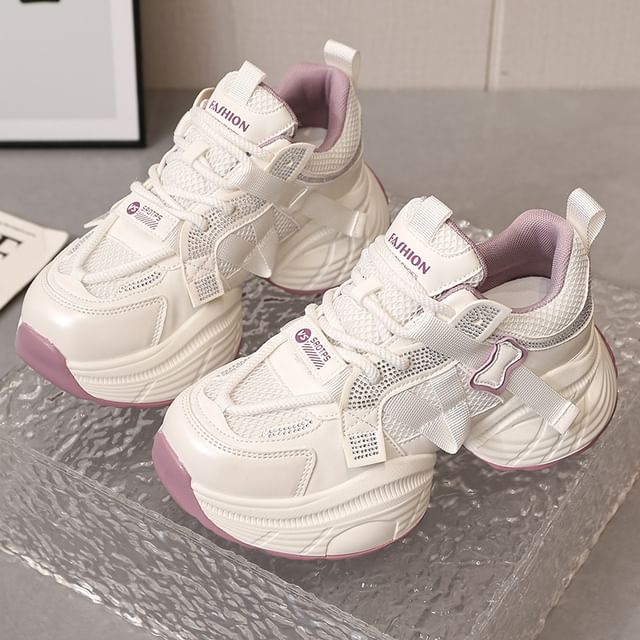 Panel Lace-Up Faux Leather Platform Rhinestone Mesh Sneakers