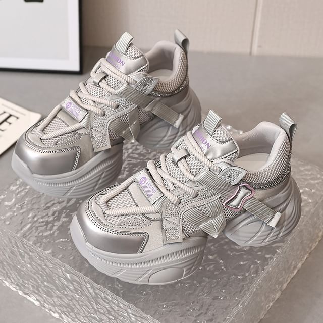 Panel Lace-Up Faux Leather Platform Rhinestone Mesh Sneakers