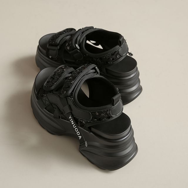 Sandals Adhesive Sequin Strap Slingback Platform