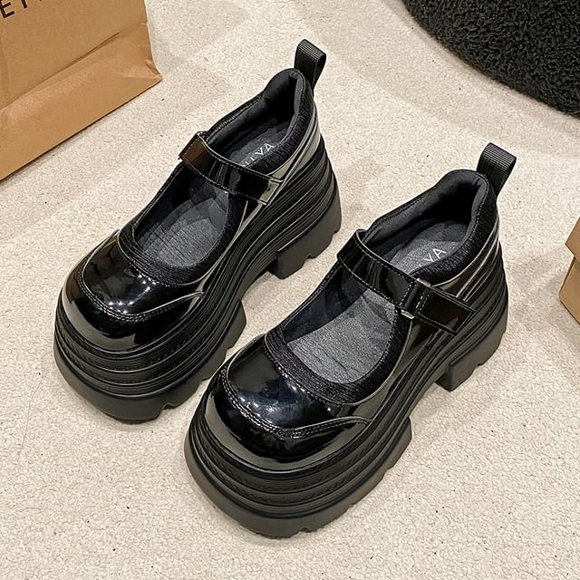 Faux Adhesive Strap Platform Mary Jane Leather Shoes