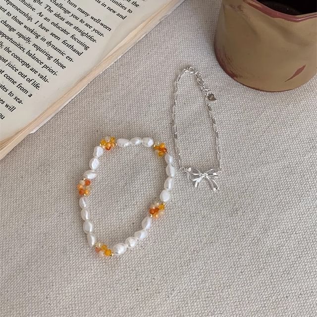 Sterling / Silver Beaded Natural Bracelet 925 Bow Pearl