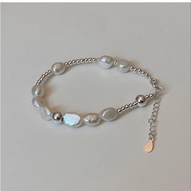 Silver Faux 925 Pearl Sterling Beaded Bracelet