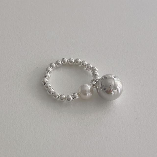 Ring Pearl Elastic Sterling 925 Beaded Faux Silver