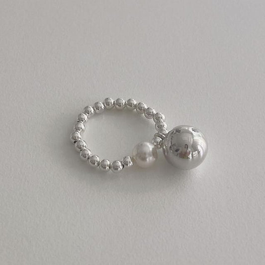 Ring Pearl Elastic Sterling 925 Beaded Faux Silver