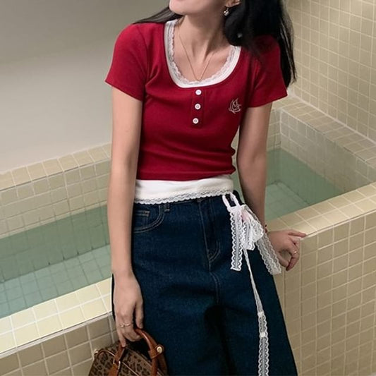 Square Two-Piece Neck Short-Sleeve Top Crop Mock