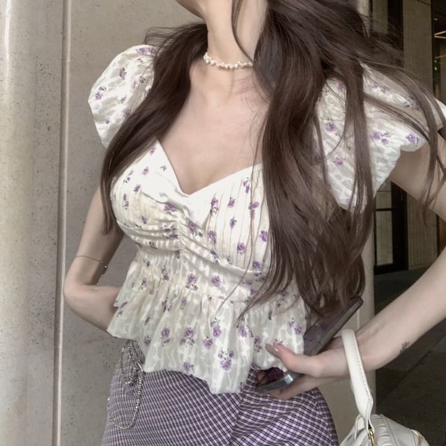 / Skirt Bow High Puff-Sleeve Plaid Rise Asymmetrical Floral Pencil Cropped Mini Blouse Peplum