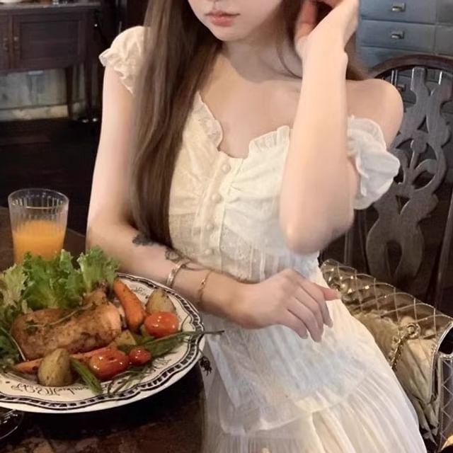 Slim Lace A-Line Mini Fit High Panel Blouse Skirt Short-Sleeve / Waist