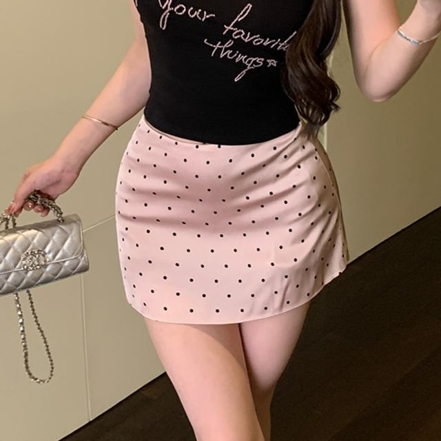 Pencil Off-Shoulder Fit Top Tank High Dotted Waist Skirt Slim Lettering Mini / Embroidered