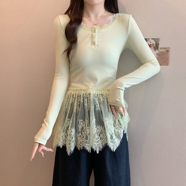 T-Shirt Henley Lace Slim Fit Peplum Long-Sleeve Panel
