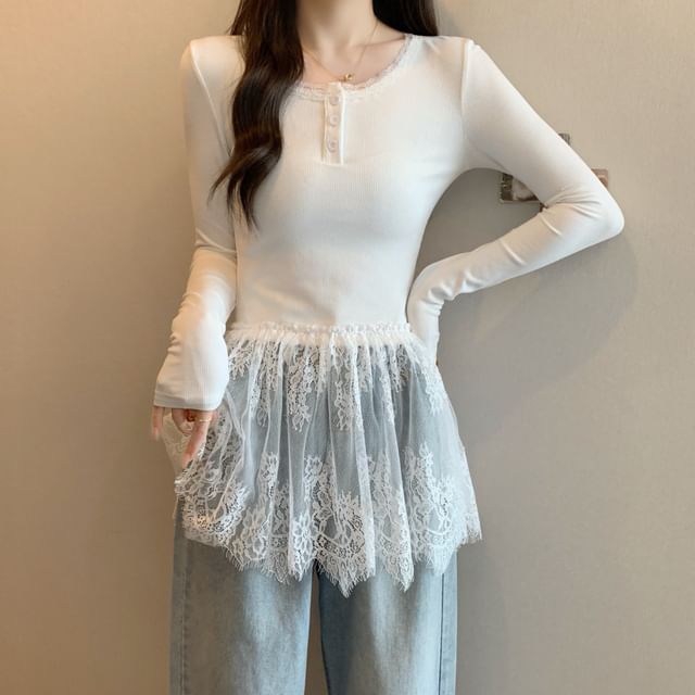 T-Shirt Henley Lace Slim Fit Peplum Long-Sleeve Panel