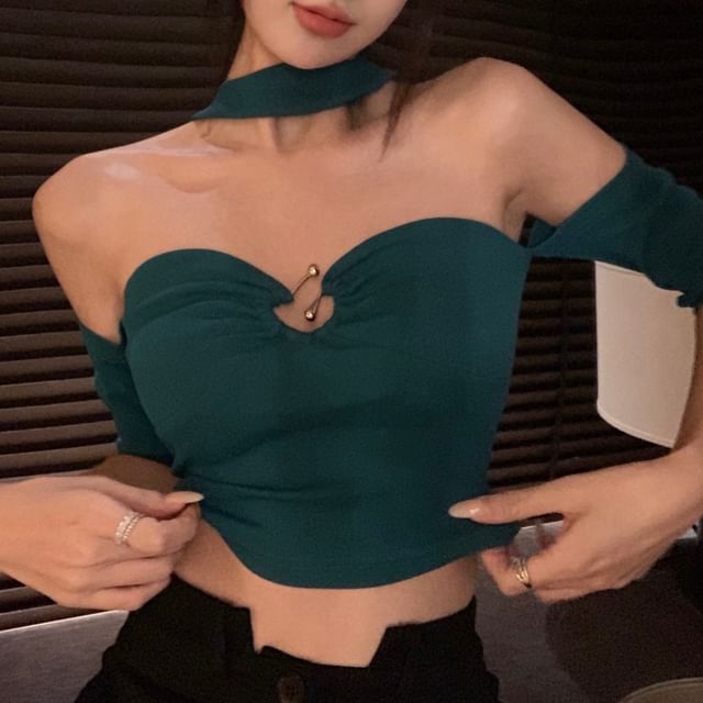 Fit Crop Plain Short-Sleeve Neck Off Shoulder Slim Halter Top