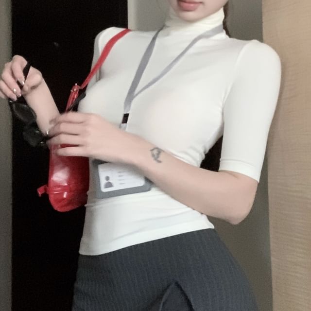Slim High Mini Plain Tee Skort A-Line Fit Short-Sleeve Turtleneck Striped / Slit Waist
