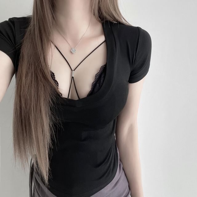 Plain Slim T-Shirt Lace Fit Scoop / Top Short-Sleeve Neck Bra Crop Halter