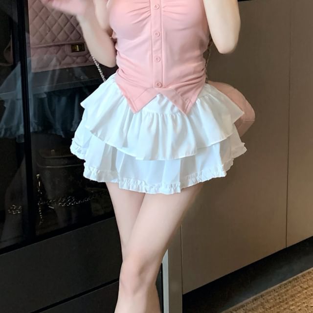 High A-Line / Slit Tee Plain Short-Sleeve Frill Crop Ruched V-Neck Trim Skirt Layered Mini Waist