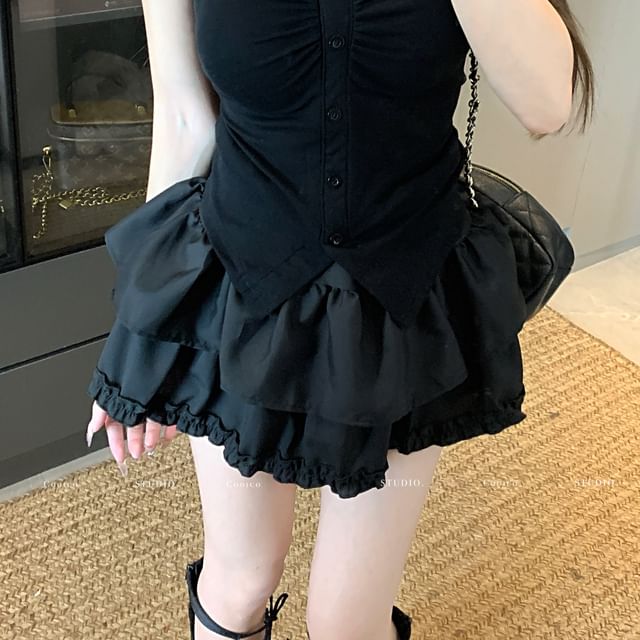 High A-Line / Slit Tee Plain Short-Sleeve Frill Crop Ruched V-Neck Trim Skirt Layered Mini Waist