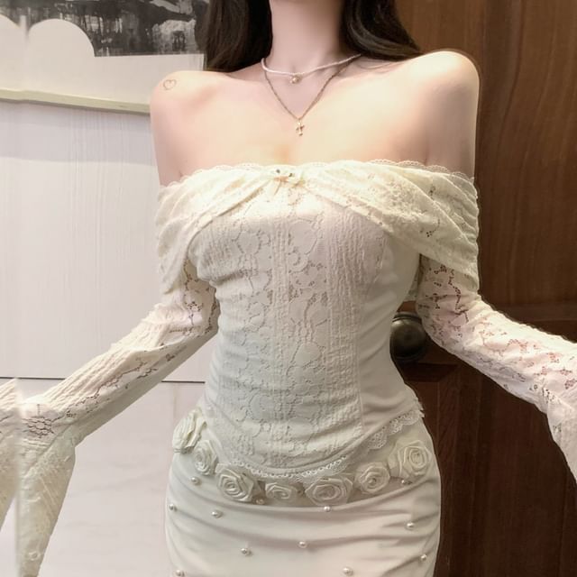 High Floral Top Off-Shoulder Crop Lace Mini Skirt Fit Slim / Rise Accent Panel Long-Sleeve Pencil