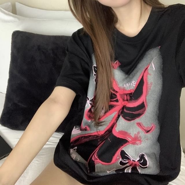 Oversized Elbow-Sleeve T-Shirt Bow Print Round Neck