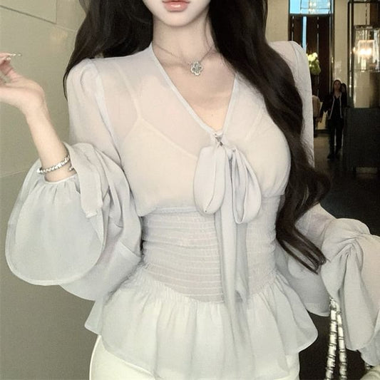 Bow + Set: Camisole Peplum Long V-Neck Top Plain Sleeve Blouse