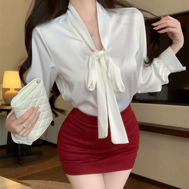 Blouse Long Tie High Mini Pencil / Plain Rise Skirt Neck Sleeve Satin