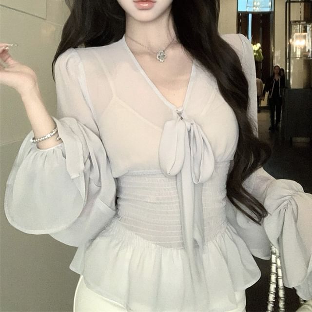 Bow + Set: Camisole Peplum Long V-Neck Top Plain Sleeve Blouse