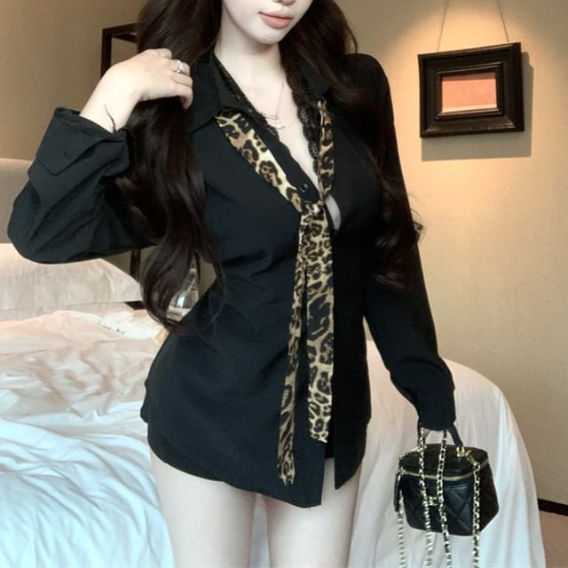 Lace Collared Sleeve Long Panel Shirt Plain