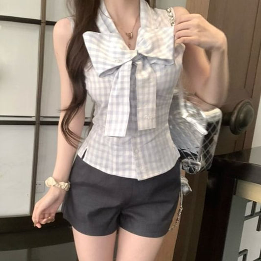 Sleeveless Neck Dotted Ribbon Top