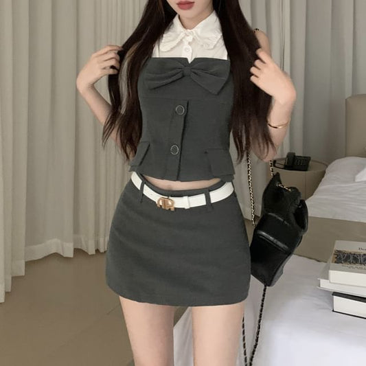 Crop Pencil Shirt Sleeveless Mini / Camisole Skirt Top Button-Up Plain