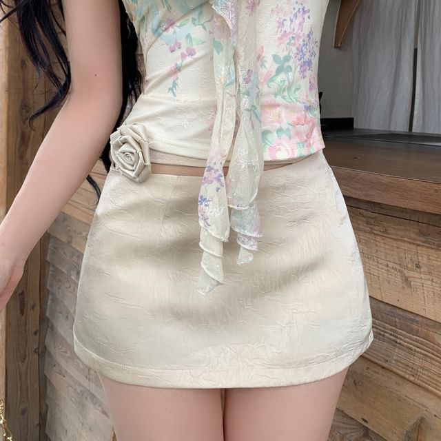 / Mini Print Top Skirt Neck Crop Halter