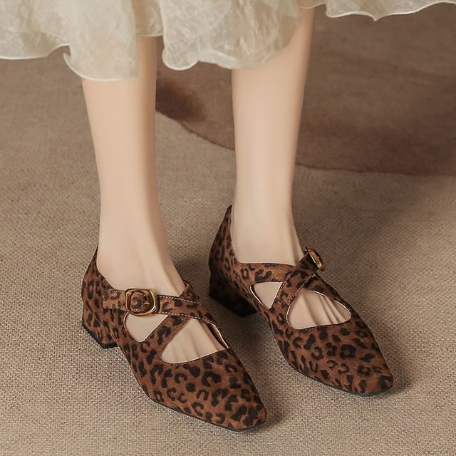 Leopard Cross Print Strap Mary Shoes Jane Chunky Heel