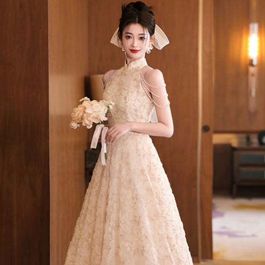 Stand Dress Jacquard Halter Faux Floral Collar Neck A-Line Evening Fringed Pearl