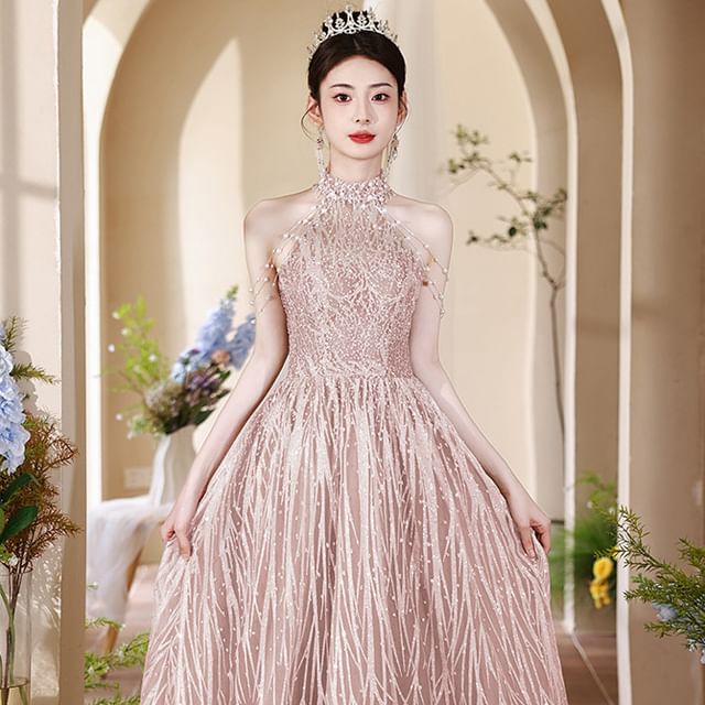 Faux Halter Back Gown Mock A-Line Neck Fringed Pearl Cutout Evening