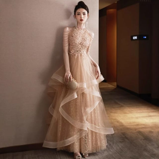 Layered Neck Gown Halter A-Line Sequin Evening Floral Fringed