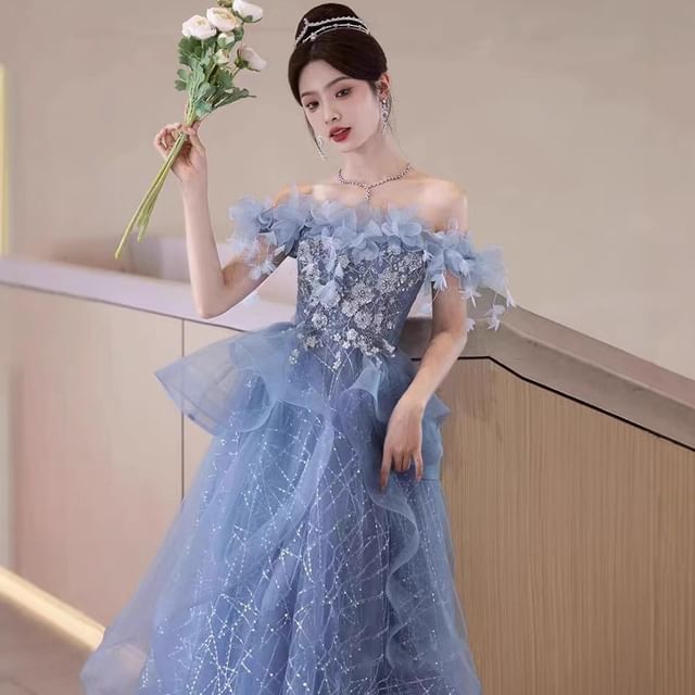 A-Line Floral Ruffle Off-Shoulder Gown Evening Sequin