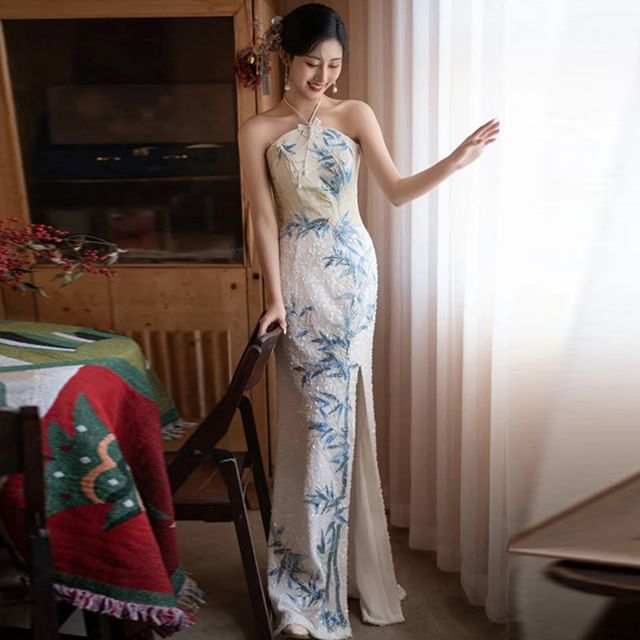 Embroidered Neck Bamboo Slit Evening Sequin Halter Mermaid Dress