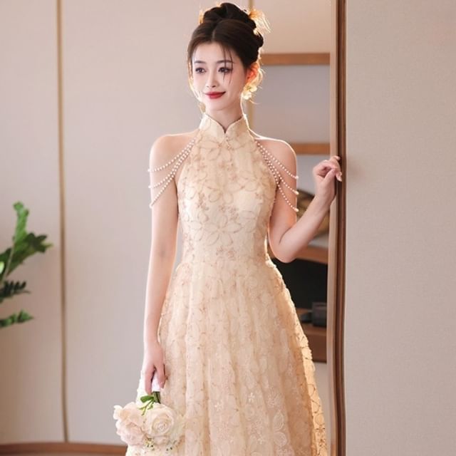 Stand Dress Jacquard Halter Faux Floral Collar Neck A-Line Evening Fringed Pearl