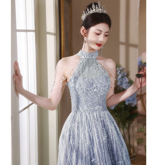 Faux Halter Back Gown Mock A-Line Neck Fringed Pearl Cutout Evening