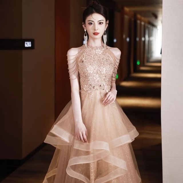 Layered Neck Gown Halter A-Line Sequin Evening Floral Fringed