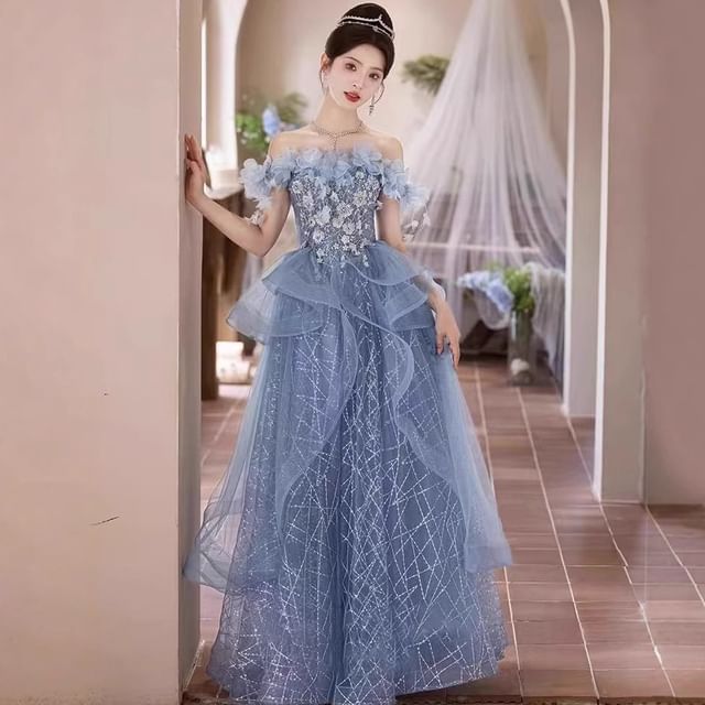 A-Line Floral Ruffle Off-Shoulder Gown Evening Sequin