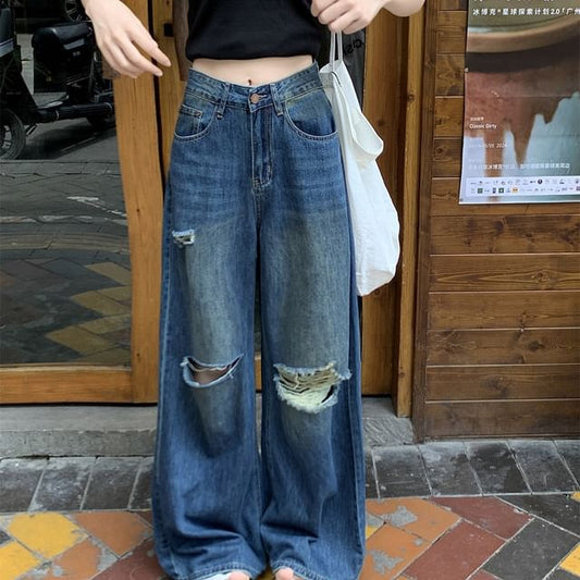 Wide Mid Washed Jeans Waist Ripped Leg