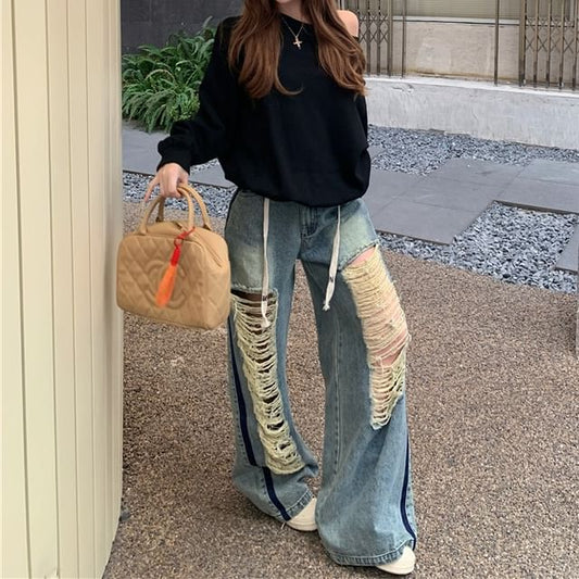 / Drawstring Waist Pullover Trim Plain Contrast Off-Shoulder