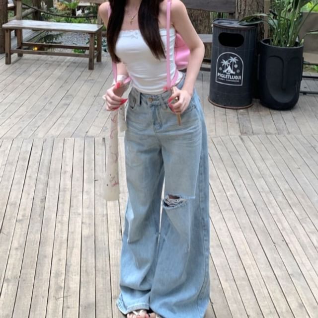 Plain Washed Tube / Lace Top Ruched Bow Accent Mid Trim Crop Rise