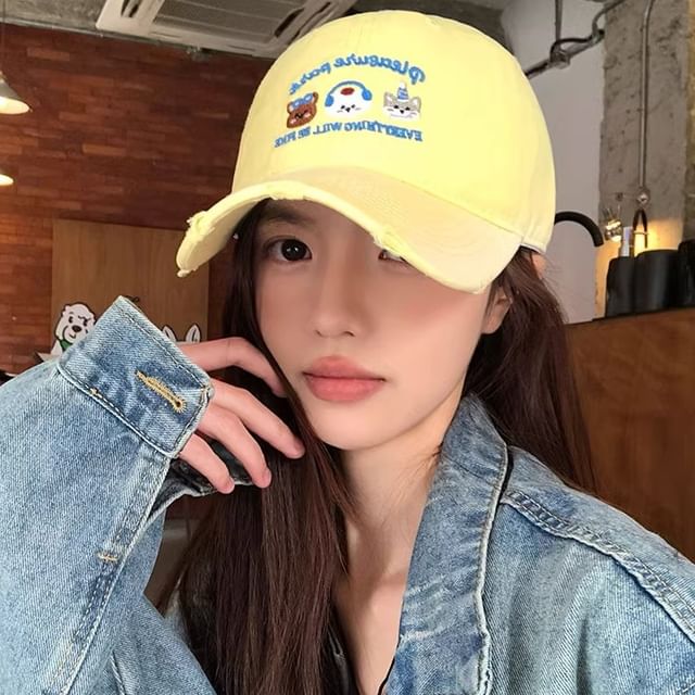 Distressed Baseball Cap Embroidered Cartoon