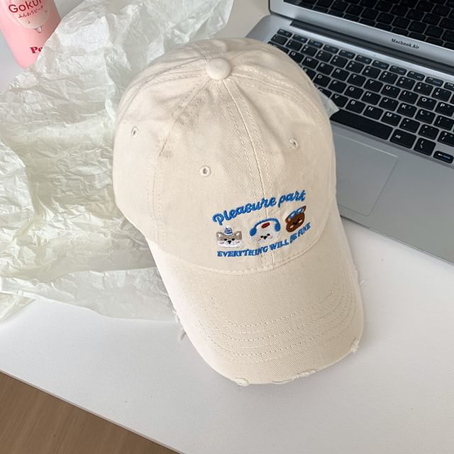 Distressed Baseball Cap Embroidered Cartoon
