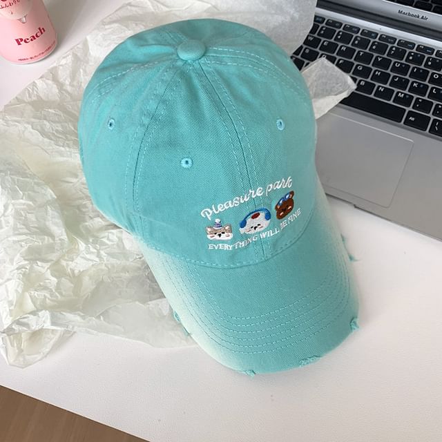 Distressed Baseball Cap Embroidered Cartoon
